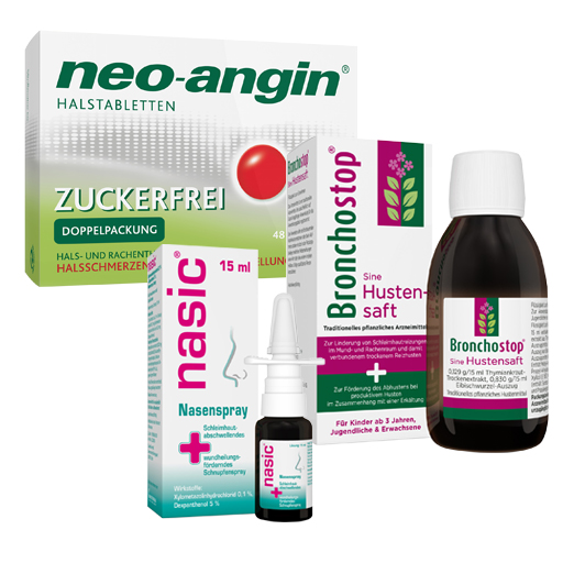 SparSet: NEO-ANGIN Halstabletten zuckerfrei 48 St + NASIC Nasenspray 15 ml + BRONCHOSTOP Sine Hustensaft 200 ml*